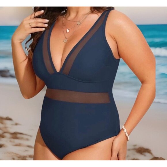 Cupshe Plus Size 3X One Piece Swimsuit Blue V-Neck Mesh Sheer Panel Tummy Contro - Picture 2 of 9